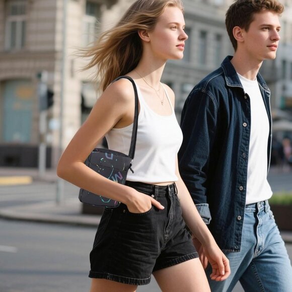 Black Nylon Oxford Cloth Crossbody Phone Purse with Letter Print, Compact and Ad - Picture 5 of 6